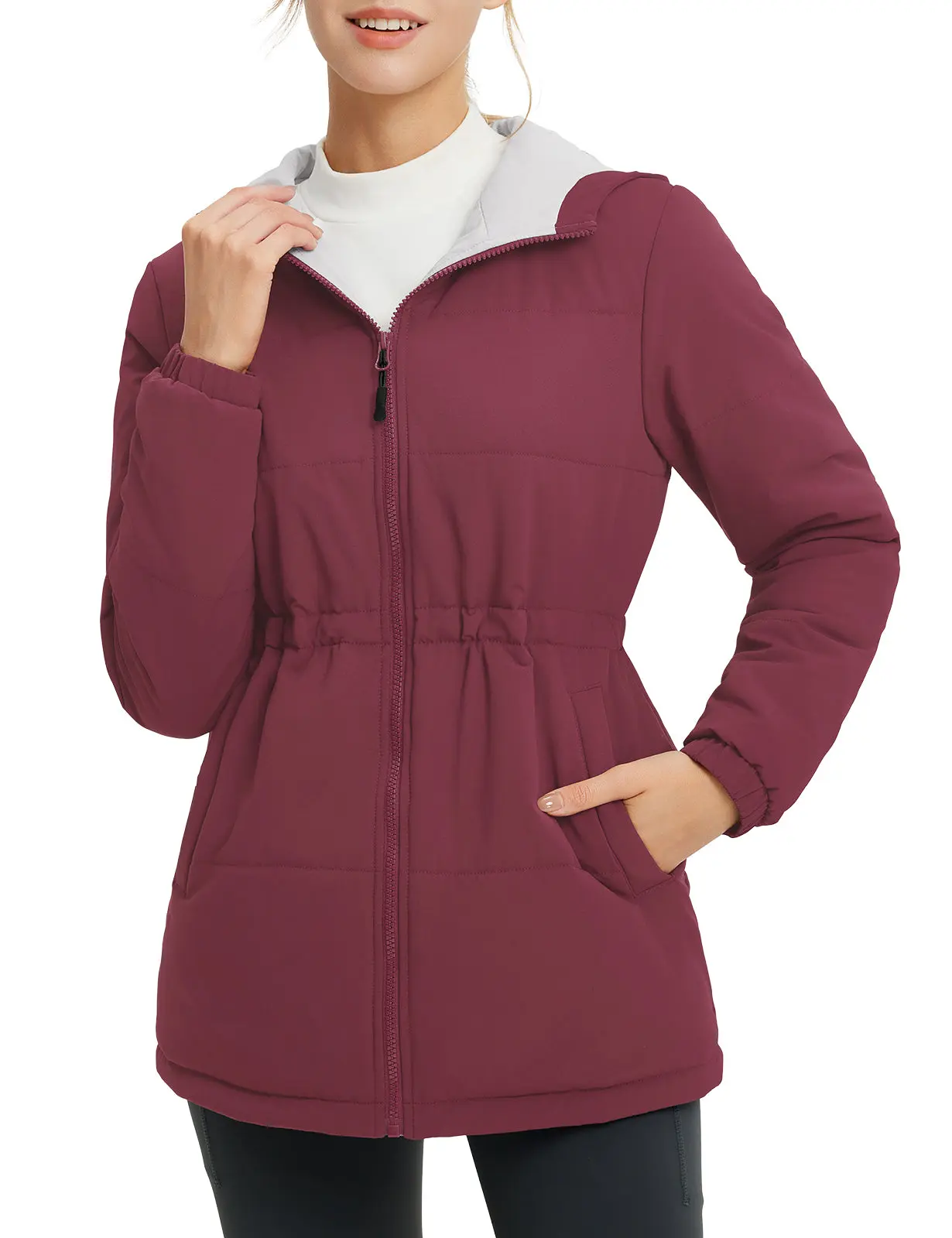 Baleaf Women's Long Quilted Puffer Jacket - Adjustable Elastic Drawstring Cotton Fit Hooded, Warm, Lightweight, Insulated, Waterproof Womenswear Outerwear for Hiking, Snow Skiing