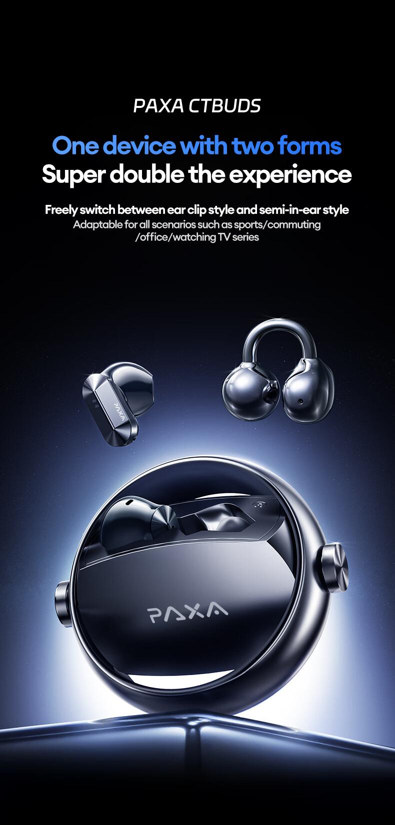 PAXA Ctbuds In-ear & clip-on 2-in-1 wireless Bluetooth Headphones, Bluetooth 6.0 ,Comfortable Wearing & IPX5 Waterproof Sports Earbuds for Work, Fitness ,Two earphones connected at the same time for uninterrupted listening ,Couple earphones