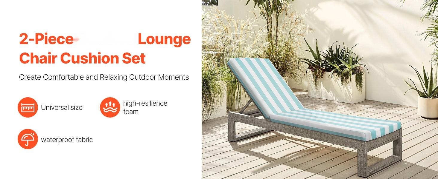 Set Of 2 Outdoor Chaise Lounge Chair Cushions 80 X 26 Inches Waterproof Thick High-Density Padding For Patio, Deck, Garden, And Poolside Seating, UV Guard Fabric, Fade Resistant, Quick Dry, Easy-Care Cushions