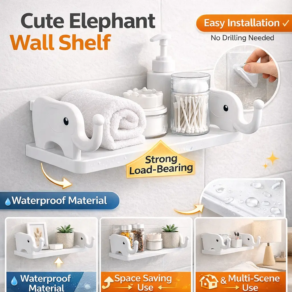 Cute Elephant Wall Shelf - Waterproof Adhesive Wall Hooks Racks, No-Drill Indoor Bathroom Storage Organizer, Space-Saving Room Decor Shelves, Home