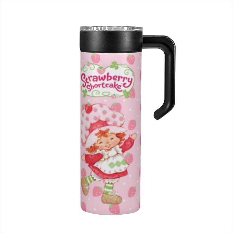 New 20oz Strawberry Shortcake Themed Insulated Stainless Steel Mug with Handle, Leak-Proof Portable Multi-Style Cup, Perfect for Coffee/Smoothies & Commute/Office/Picnic, Ideal Gift for Dessert Lovers