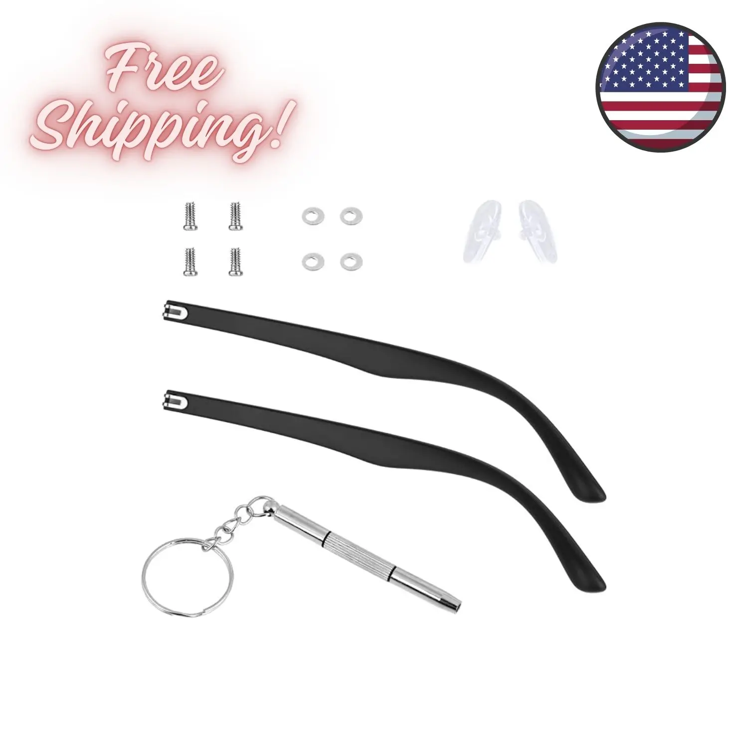 1 Pair Glasses Arm Replacement With Screws, Washers, Screwdrivers, Nose Pads (Black)