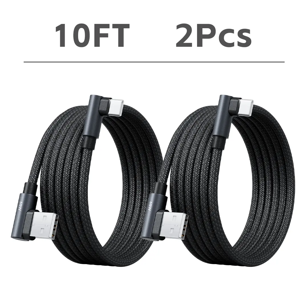 10FT 65W Max USB A to USB C Fast Charging Cable - Dual 90-Degree Right Angle Braided Cord with Aluminum Alloy Plugs, Compatible with iPhone 17/16/15, Samsung Galaxy, MacBook