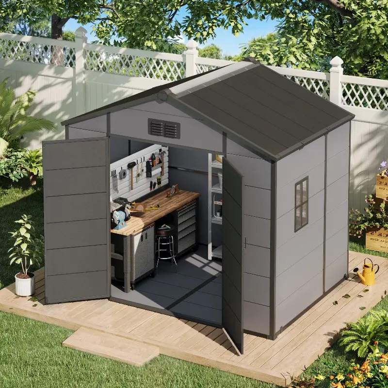 8x6 FT Outdoor Storage Shed with Lockable Double Doors&Built-In Floor, Weather-Resistant Metal Garden Shed with Sloped Roof for Backyard, Patio & Lawn, Gray/Black