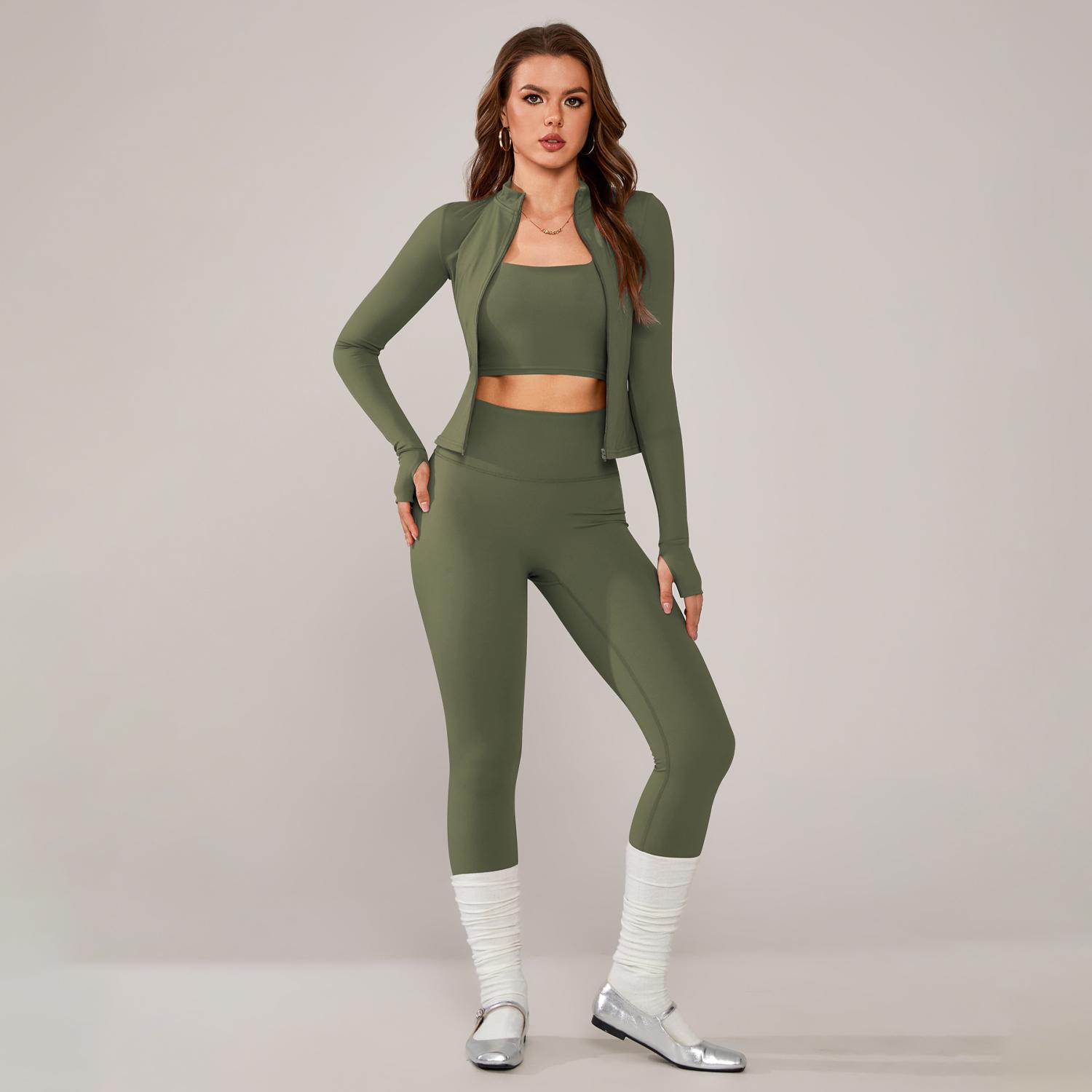 TimeOFF Women's 3-Piece Activewear Set with Stretchy, Body-Hugging Crop Top, Leggings & Jacket – Ideal for Yoga, Workouts & Athleisure Styles stylish