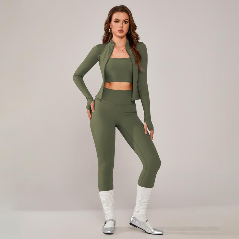 TimeOFF Women's 3-Piece Activewear Set with Stretchy, Body-Hugging Crop Top, Leggings & Jacket – Ideal for Yoga, Workouts & Athleisure Styles stylish