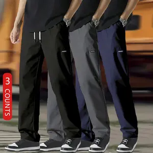 Men’s 3-pack long pants with side pockets and drawstring; comfortable, stylish, casual, made from skin-friendly fabric; versatile athletic pants that are lightweight and comfortable, suitable for hiking, camping, and everyday wear.