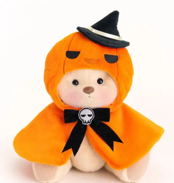 GETAHUG Unisex Handmade Jointed Polyester Teddy Bear with Halloween Pumpkin Cape, Stuffed Toy Gift for Ages 6+ Kids