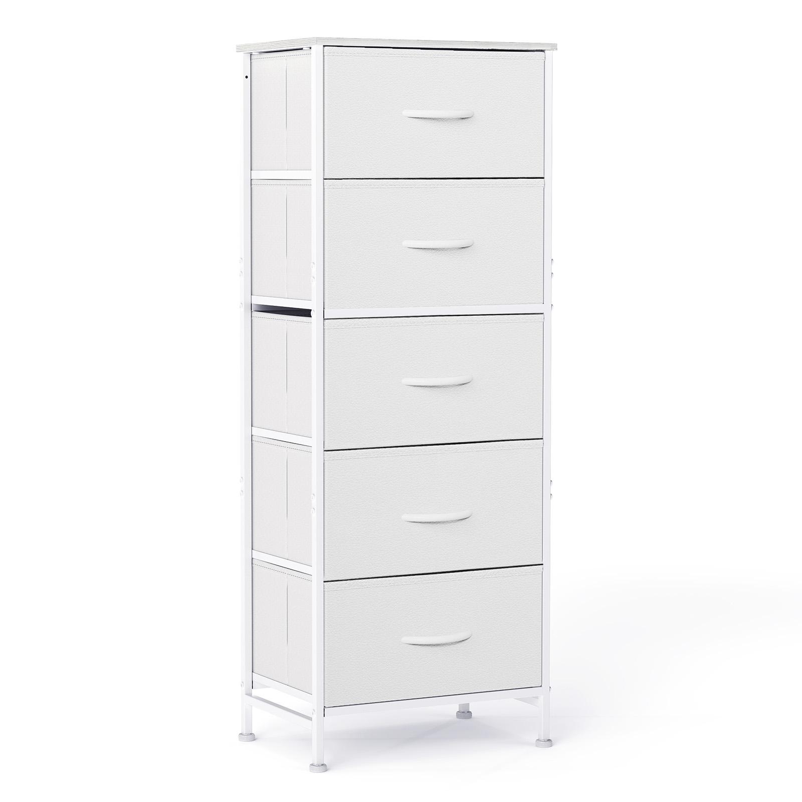 5 Drawer Fabric Dresser Tall Storage Tower with Wood Top Sturdy Metal Frame Large Capacity Chest of Drawers for Bedroom Closet or Hallway Available in Multiple Colors