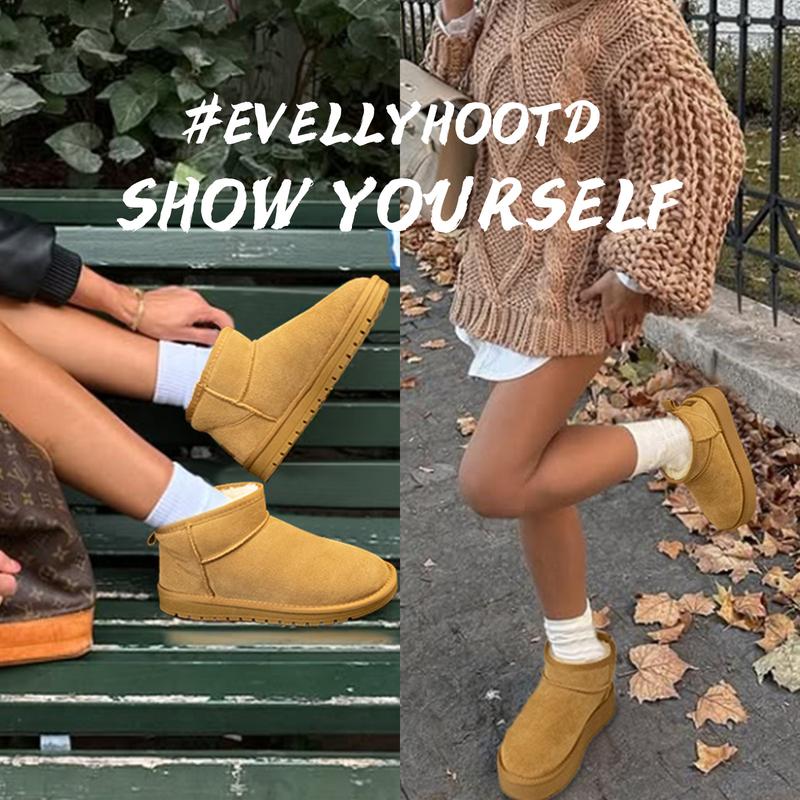 EVELLYHOOTD Winter Warm Flat Padded Ankle Snow Boots Genuine Suede Faux Fur Lining Water Splash-proof Durable TPR Rubber Sole  [SIZE DOWN IF SMALL Feet]