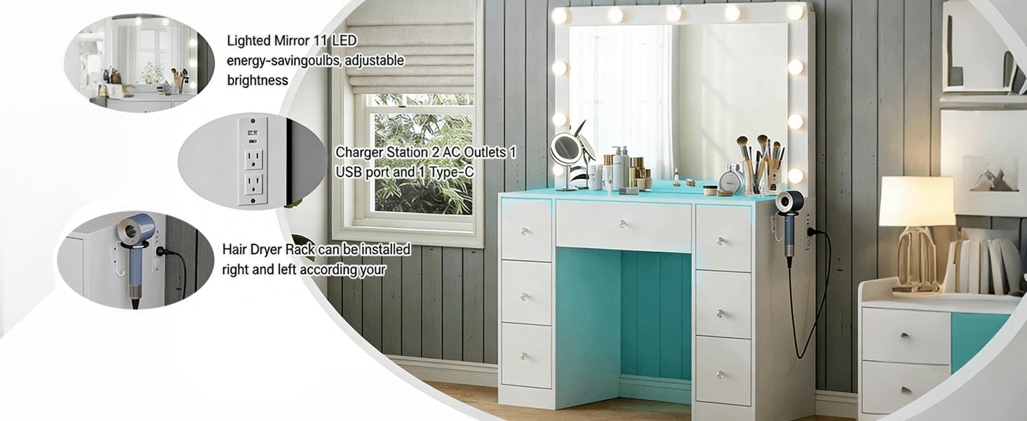 CollaredEagle Dressing table with power outlet and 11 lights, vanity with mirror, featuring 7 drawers, suitable for bedrooms and dressing rooms, white finish