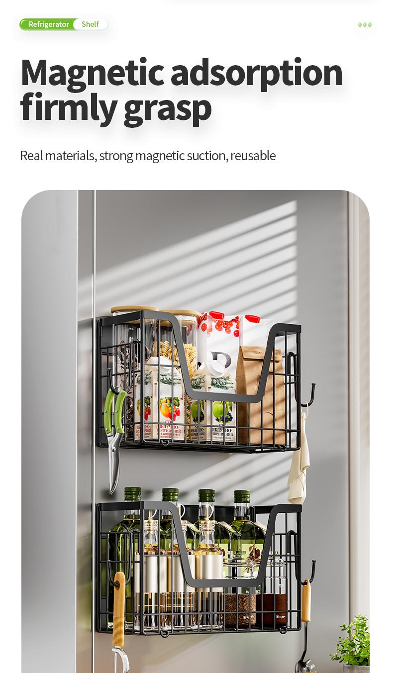 【Holiday Deals】San Dream Magnetic Shelf for Fridge Spice Rack Organizer Strong Magnetic Fruit Basket for Refrigerator Laundry Organizer Spice Snacks Magnet Fridge Shelf-1PC&2PCS
