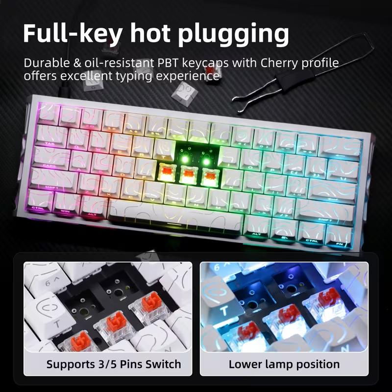 Ergonomic compact 61-key wired hollow mechanical keyboard Premium gaming keyboard for esports Gasket structure with hot-swappable replaceable switches and keycaps RGB backlighting