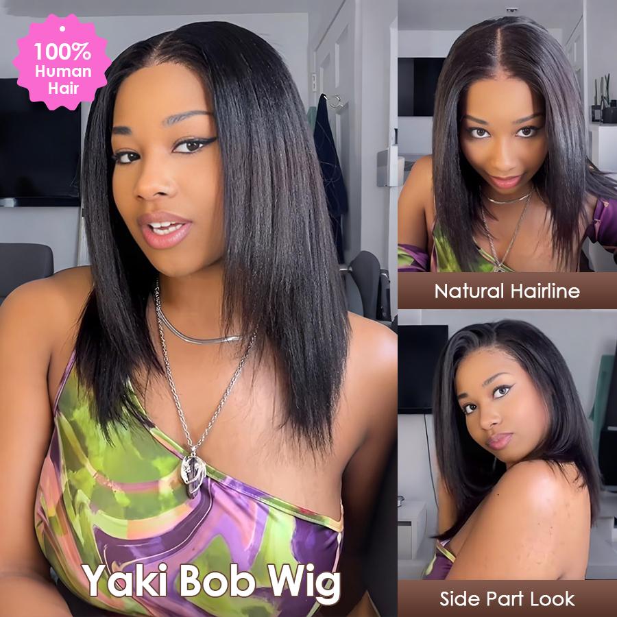 Pizazz Hair Glueless Layered Cut Yaki Straight Short Bob Wig with Drawstring 220% Density Pre-cut 5x5 HD Lace Human Hair Wigs with Bleached Knots Pre Plucked Natural Hairline