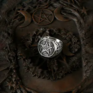 Witchy Jewelry - Punk Pentagram Ring, Vintage Lucifer Fallen Angel Design, Pagan Witchcraft Jewelry magic cluster marquise engagement Witches Plated