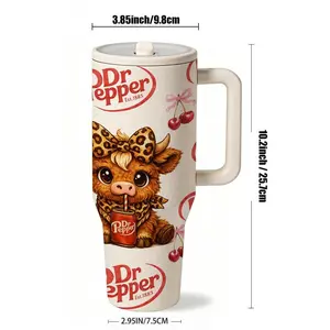 Dr Pepper soda print, leopard highland cow cute cartoon design, aesthetic thermal mug, double wall vacuum stainless steel, straw lid with handle40oz 20z Printed Tumbler, Gift For Fan, Tumbler 40oz 20z Gift, Tumbler Gift, Gift For Fan.