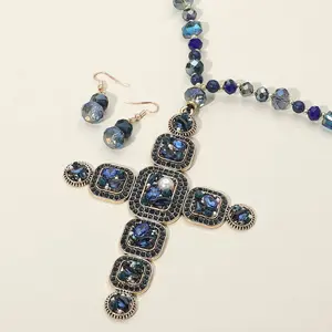 Stone Pearl Embellished Cluster Cross Pendant Faceted Beaded Long Necklace: Blue, Brown, Turquoise