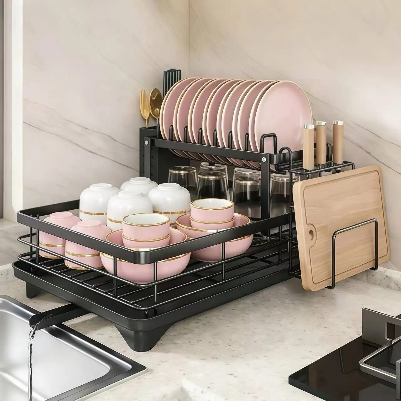 2-Tier Dish Drying Rack – Black Rust-Proof Kitchen Counter Organizer ...