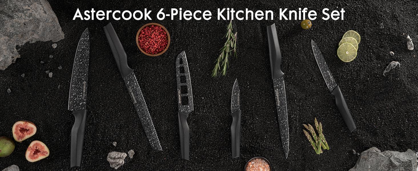 Astercook Knife Set, 6 Piece Kitchen Knife Set, Aesthetic Blade Knife Block Stainless Steel