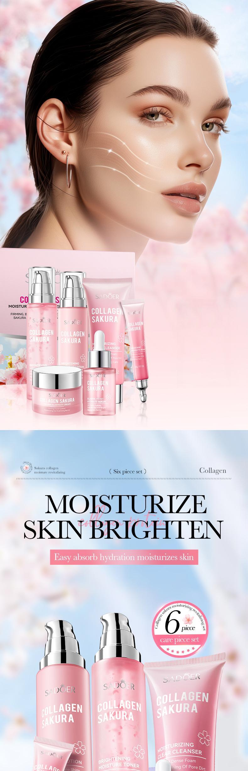 Collagen Sakura Moisturizing Revitalizing Six Piece Set - Hydrating Skin Care Kits for Radiant Glow & Plump Smooth Skin