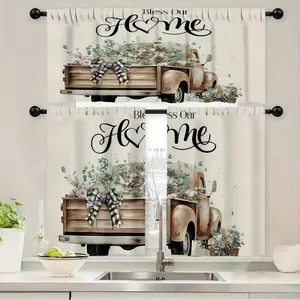 2 Panel Kitchen Curtain Valance & Tier Panels, "Bless Our Home" Cursive Lettering With Coffee Color Window, Installation, Machine Washable, 2D Flat