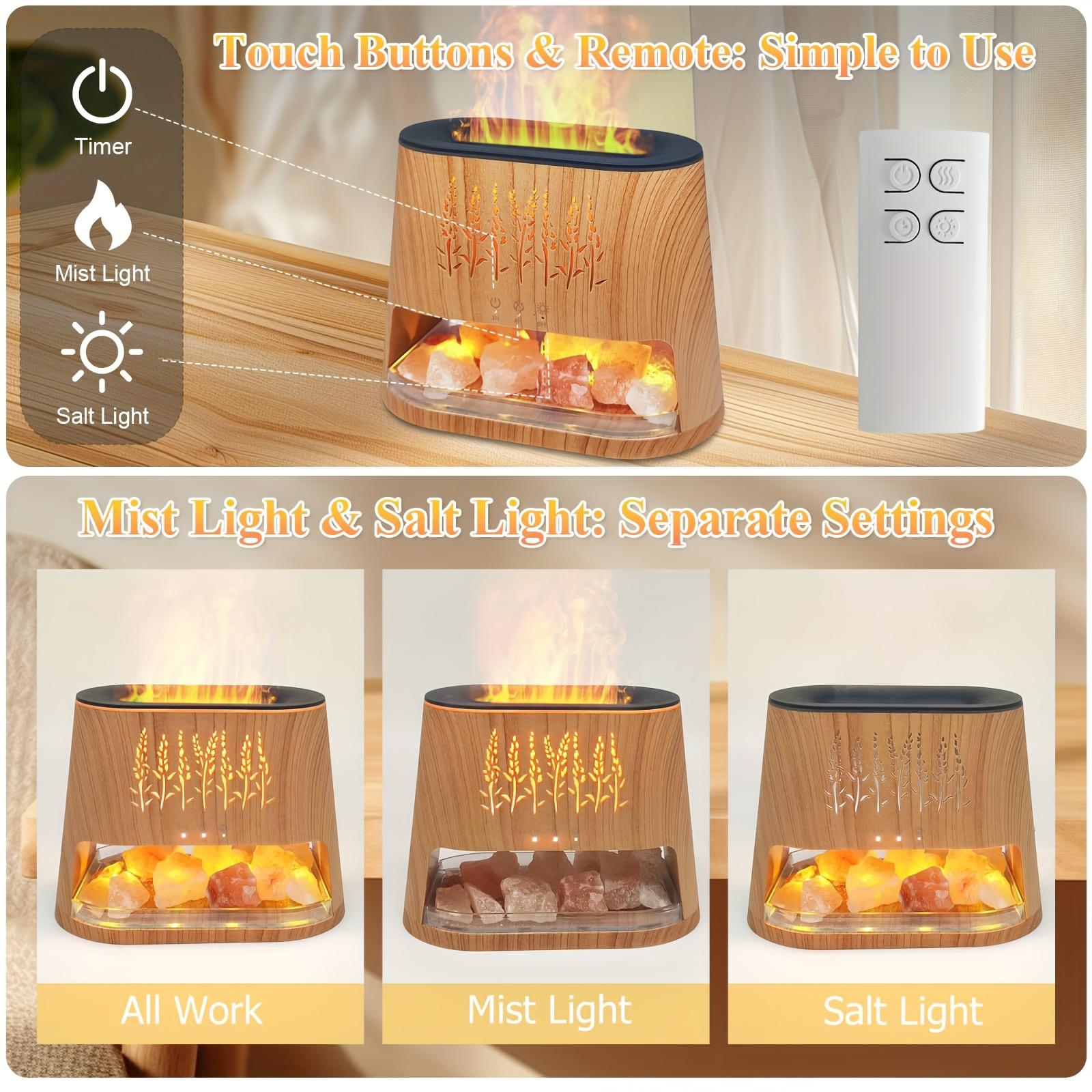 Fireplace Flame Diffuser & Himalayan Salt Lamp with Remote Control, 8 Colors Diffuser Cool Mist Humidifier with Timer Auto Off Function for Home, Bedroom, Offie, Yoga, Bedroom Humidifier, Aromatherapy Device, Modern Humidifier, Remote Control