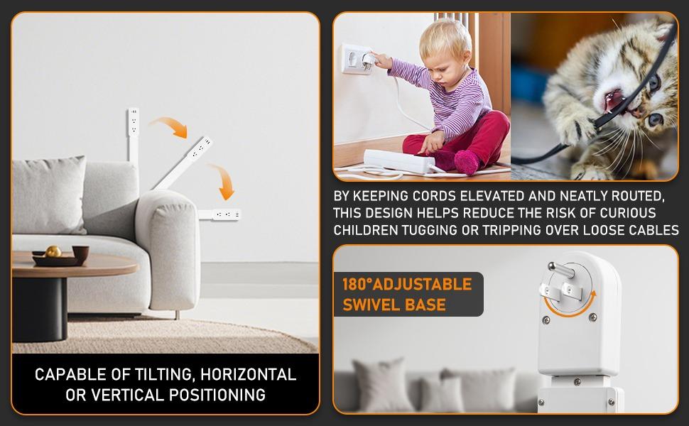 EAZY Outlet Extender with USB-C, USB-A & 2 AC Outlets, 180° Rotating Power Socket Expander, Extendable 18"-28" Wall Plug Adapter for Hard-to-Reach Outlets Behind Couches, Beds, Nightstands & Desks