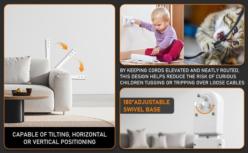 EAZY Outlet Extender with USB-C, USB-A & 2 AC Outlets, 180° Rotating Power Socket Expander, Extendable 18"-28" Wall Plug Adapter for Hard-to-Reach Outlets Behind Couches, Beds, Nightstands & Desks