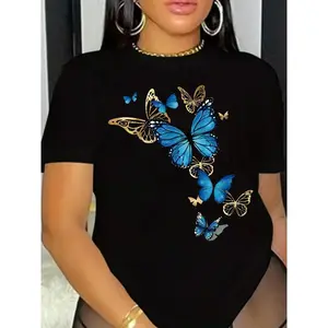 Summer Short Sleeve Crew Neck Casual Butterfly Print T-Shirt - Women's Clothing for Spring