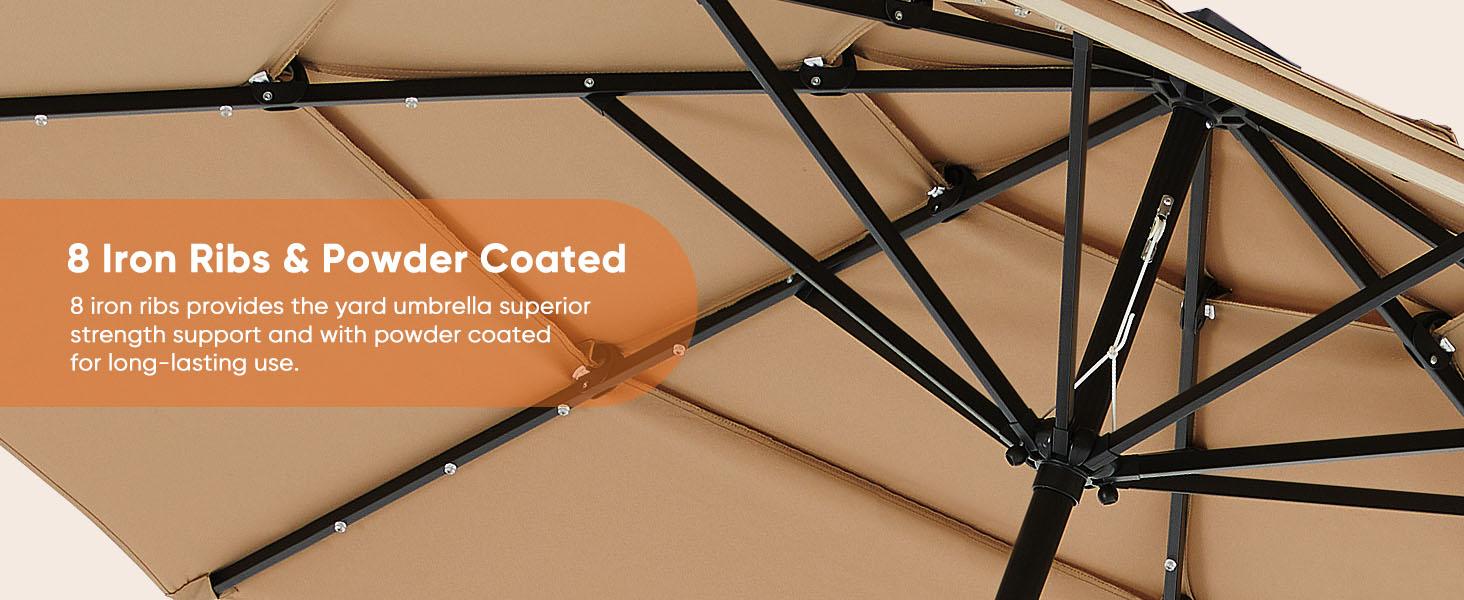 3-Tier Patio Outdoor Umbrella Solar 32 LED Lighted Table Market Umbrella with Tilt Adjustment Easy Crank for Garden Deck Backyard Pool and Beach