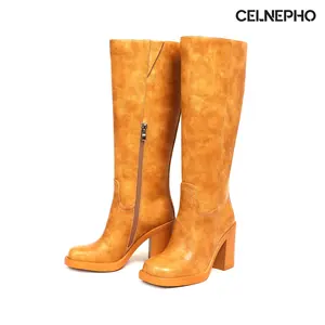 CELNEPHO Womens Knee High Boots Banana Boot Square Toe Chunky Block Heel Side Zipper Closure Comfy Wide Calf Easy Pull on Party Everyday Wear Work Casual Vintage Dressy Long Tall Fashion Shoes Deals For You Days
