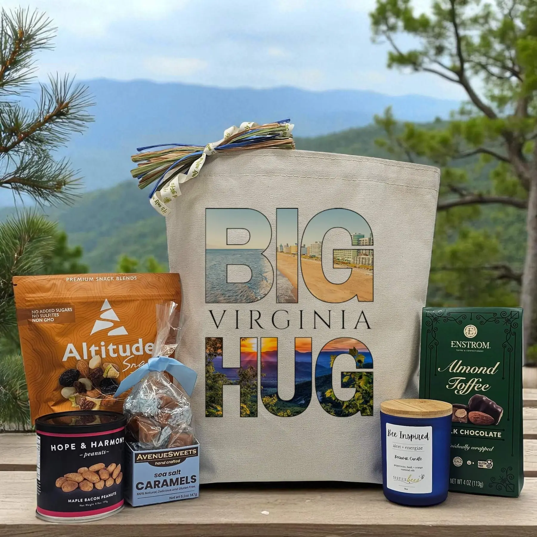 Itsonlynaturalgifts Big Virginia Hug Gift Basket with Virginia Peanuts Altitude Snacks Hope Harmony Maple Bacon Bits AvenueSweets Caramels Enstrom Almond Toffee Scented Candle Milk Southern Inspired Gifting