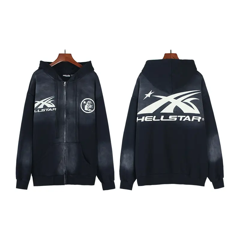 2026 HELLSTAR Certified Professional Y2K Premium Deep Navy Zip Up Hoodie Airbrush Faded Wash Star Graphic Casual Mens Standard Fit