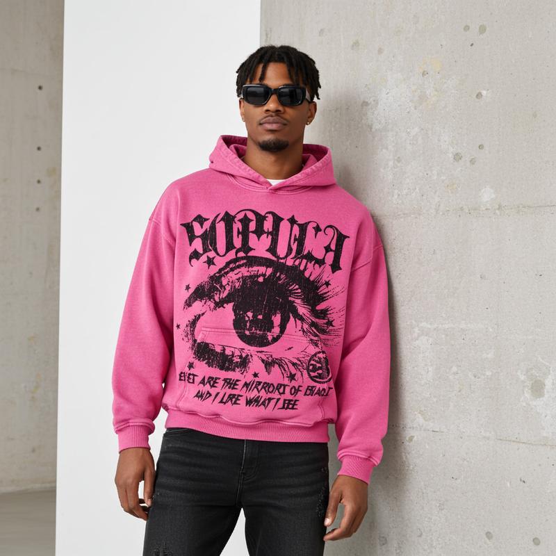 Sopula Studio Men's Star Eyes Graphic Acid Wash Hoodie Menswear Sweatshirts Pink 100% Cotton Long Sleeve Casual Pullover Tops