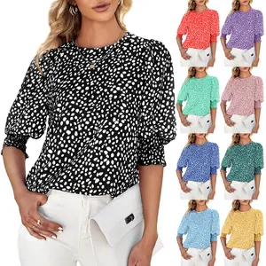 Cicy Bell Women's Polka Dot 3/4 Sleeve Blouse Tops Ladies Casual Office Work Crew Neck T-Shirt Spring Soft Crewneck