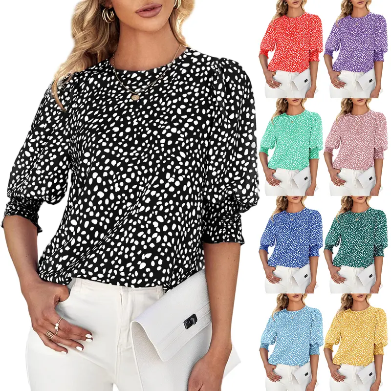 Cicy Bell Women's Polka Dot 3/4 Sleeve Blouse Tops Ladies Casual Office Work Crew Neck T-Shirt Spring Soft Crewneck