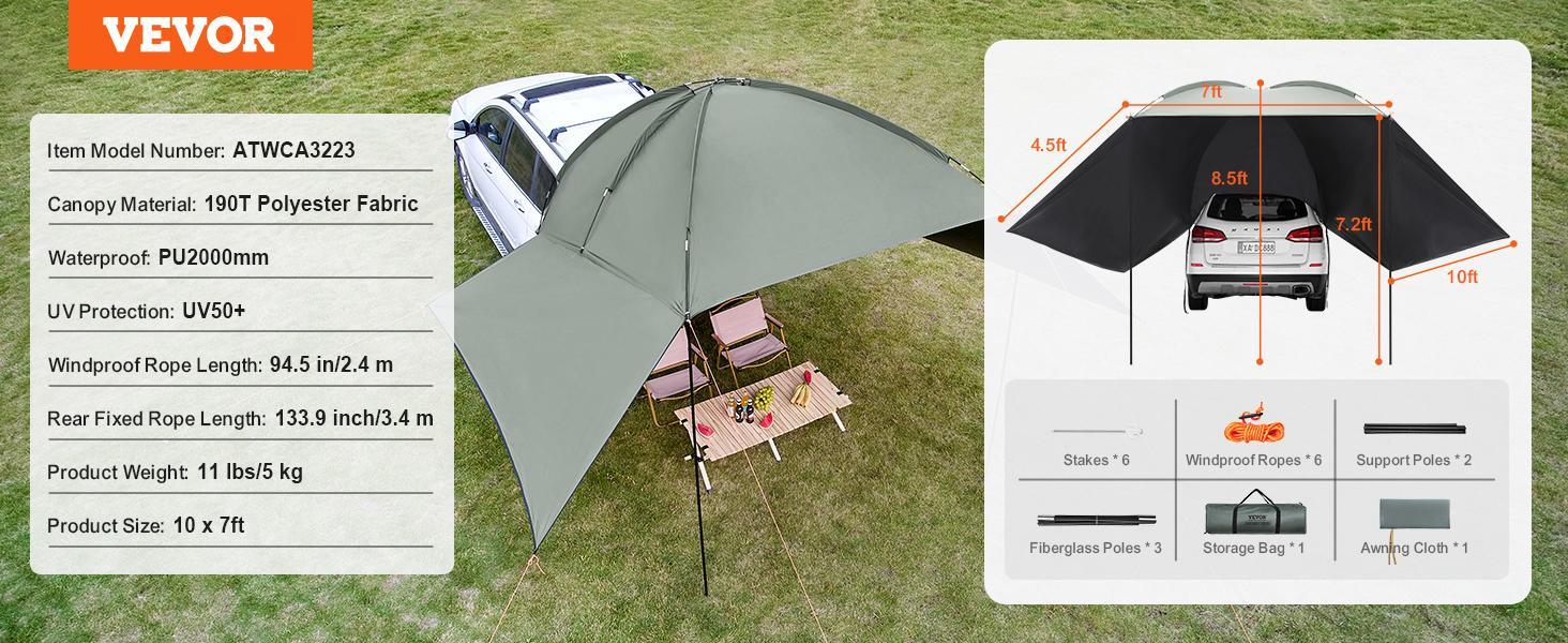 VEVOR Vehicle Awning, TikTokShopBlackFriday, Large 10' x 7' Shade Coverage Car Side Awning, PU2000mm UV50+ Car Awning with Extended Side Canopies and Portable Storage Bag, Suitable for Truck, SUV, Van, Campers