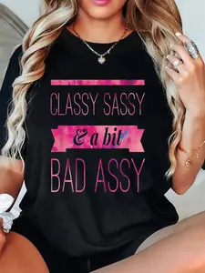 1pc of Women'S Crew Neck T-Shirt Featuring a Classy, Sassy, And Slightly Rebellious Graphic Print. This Casual Short Sleeve Top Includes Applique Details And a Geometric Design, And It Is Machine Washable