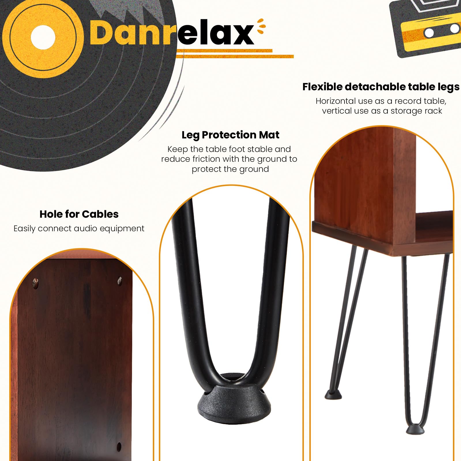 YODOLLA 50" Walnut Mid-Century Modern TV Stand, TV Up to 60 Inch, Detachable Legs, Vertical & Horizontal Storage, Record Holder Shelf for Living Room, Bedroom, Horizontal and Vertical