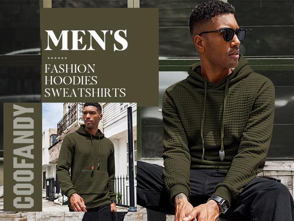 COOFANDY Men's Hooded Sweatshirt Long Sleeve Fashion Gym Athletic Hoodies Solid Plaid Jacquard Pullover with Pocket Classic Menswear hoodie Wool Beige