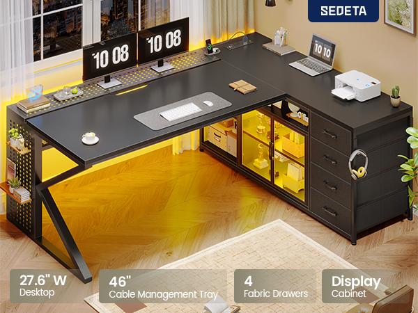 SEDETA 63-Inch L-Shaped Gaming Desk Computer Desk with 4 Drawers and Display Cabinet Executive Office Desk with Storage Shelves and LED Light