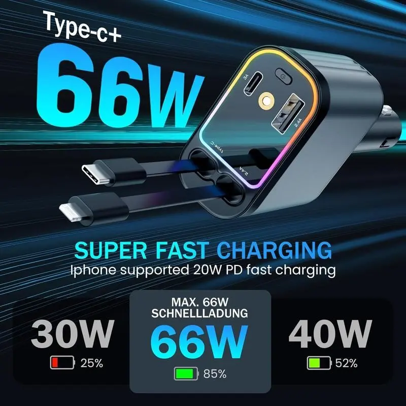5-in-1 Retractable Automotive Fast Charger (80cm Cable) - 20W USB-C PD Port Adapter, Lightning Cable, Starlight Roof Freshener with 3 Fragrance Bottles, Charger for iPhone & Android Car Gadgets Accessories, Retractable Automotive Charger