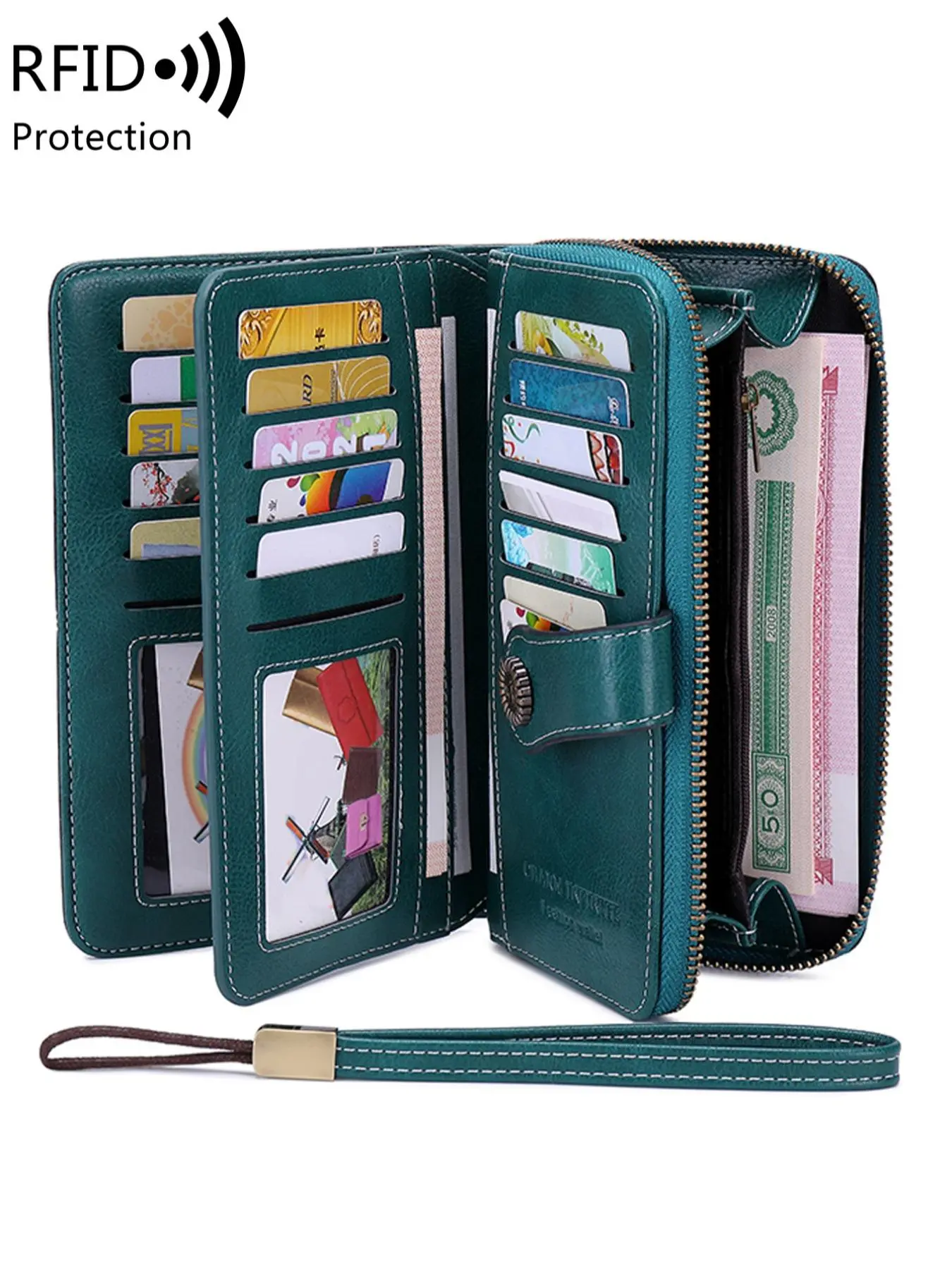 Women's Vintage PU Leather Long Wallet with Wristband, Multi-card Slot Long Clutch Purse with Flower Buckle, RFID Blocking Long Wallet for Daily Use, Rfid Blocking Wallets, Christmas Gift