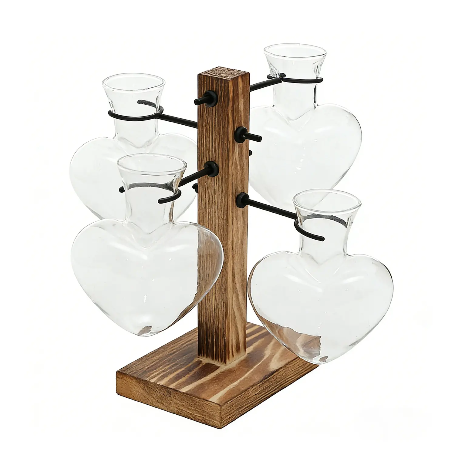 Transparent Heart-Diamond Shape Glass Vases Set with Metal Accents & Solid Wood Stand, Decorative Vases for Home Decor, Home Supplies for Plant Propagation, Ideal Mother's Day & Christmas Gift Option