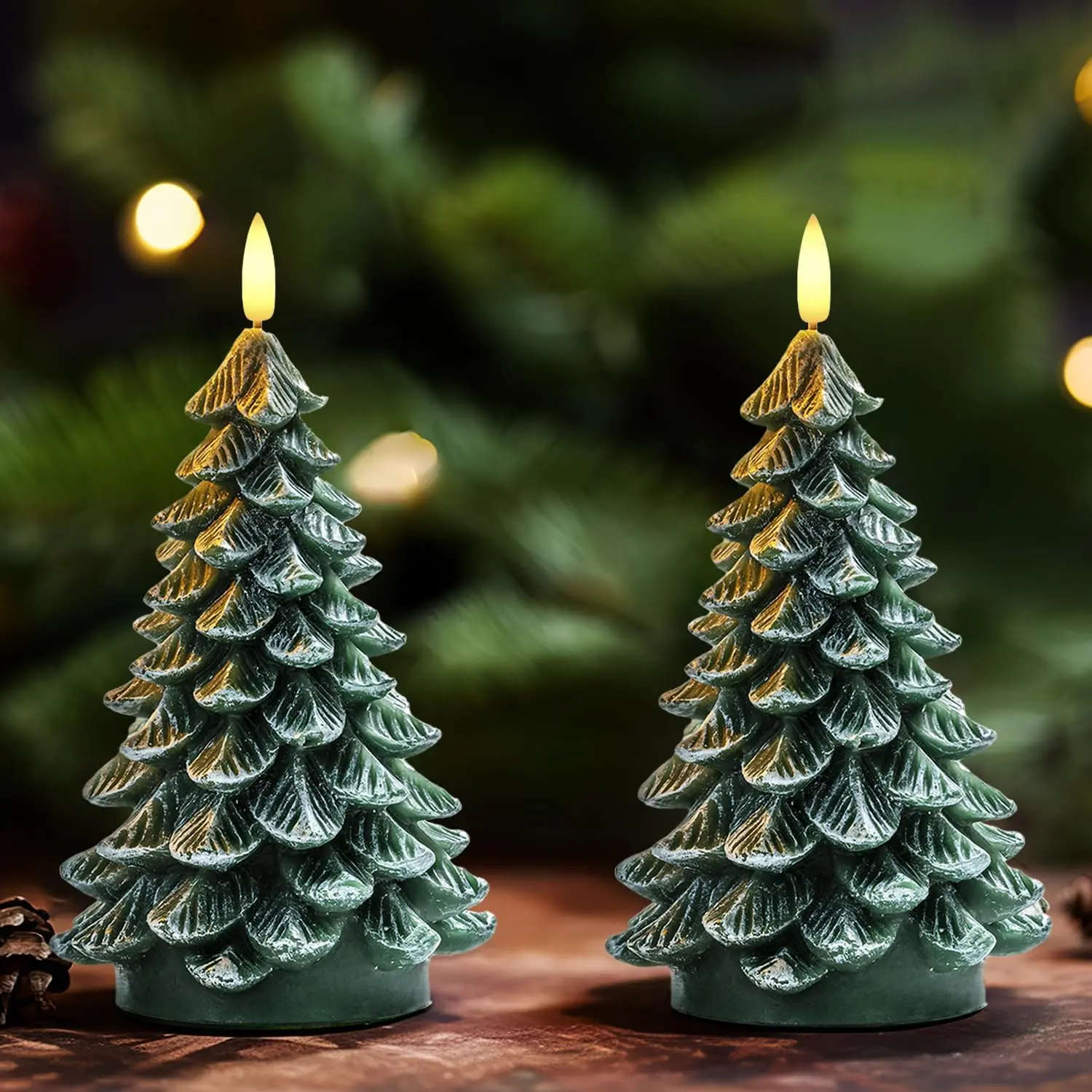 8.5 in Battery-Operated LED Flameless Christmas Tree Candles (2 Pcs) - 6-Hour Timer, Waxy Flickering Green Ornaments with Constant Light, Window & Holiday Decoration, Lightweight, Batteries Required TikTokShopBackToSchool；homeessentials