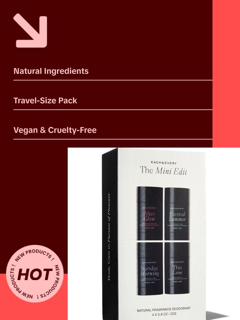 Each & Every The Mini Edit (4 Pack, 0.8oz - Coconut & Lime, Lavender & Lemon, Rose & Vanilla, Raspberry & Mandarin)