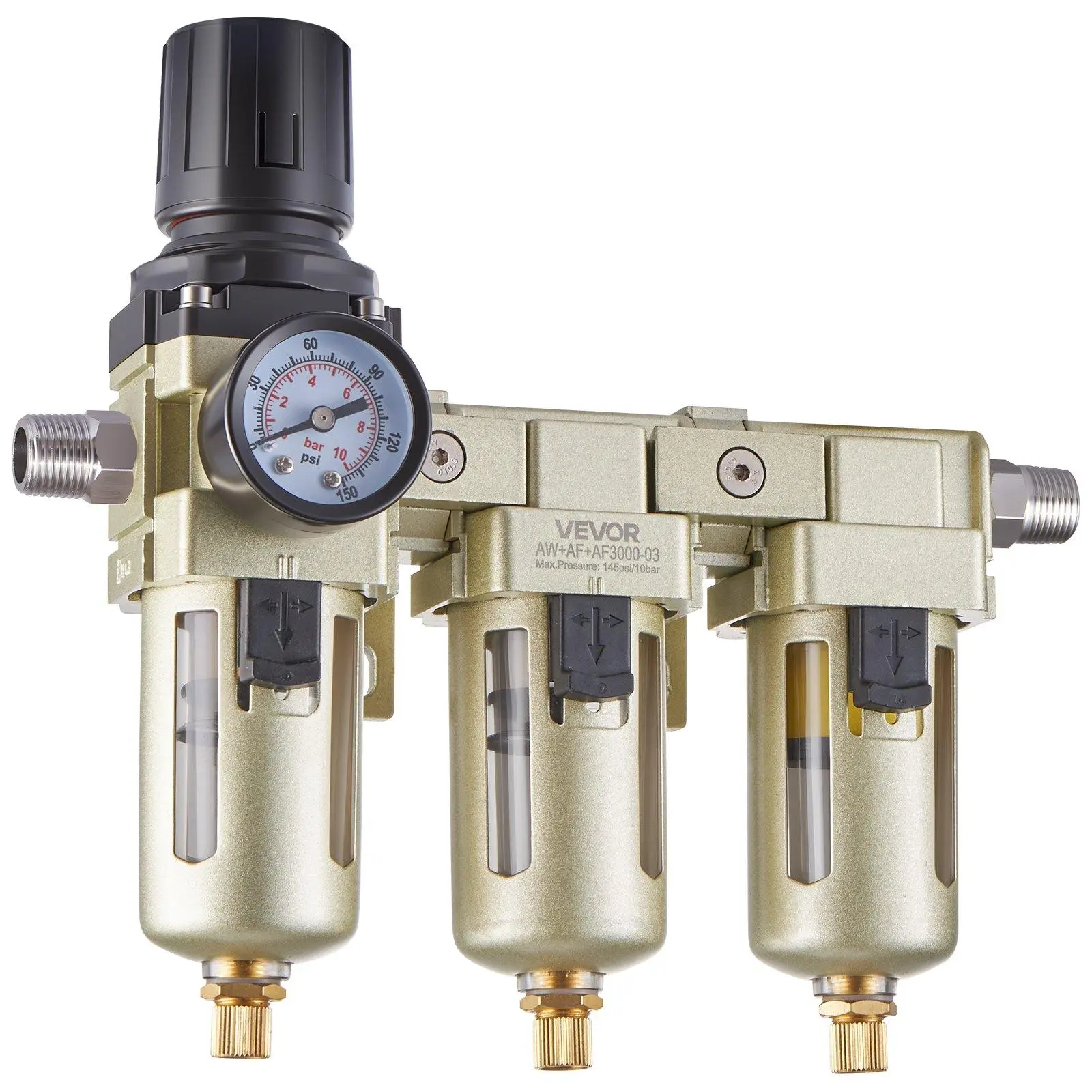 【DealsForYouDays】VEVOR Air Compressor Filter Regulator, 3/8" NPT 3-Stage Air Compressor Water Separator with 5μm/1μm/0.01μm Micron Filter Elements, Semi Auto Drain Air-Drying System 145PSI Max Pressure, Poly Bowl
