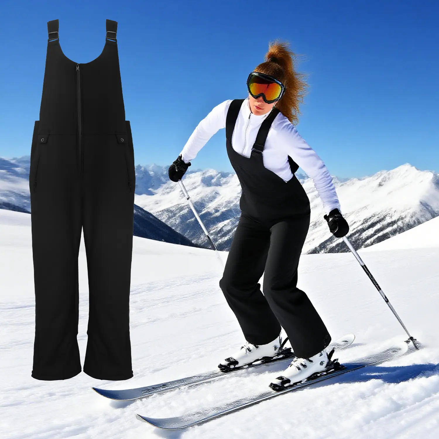 Women's Winter Ski Bib Overalls - 95% Poly+5% Elastane, Waterproof, Windproof, Warm, Thickened Fabric, Full Length, XL, Flexible Lady Fit Outdoor Trousers for Skiing, Snowboarding, 95% Poly + 5% Elastane For Flex