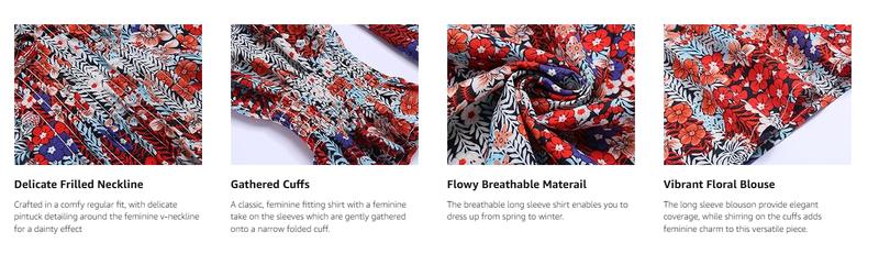 Womens Long Sleeve Tops Boho Floral Printed Blouses Casual V Neck Pleated Drawstring Peasant Shirts