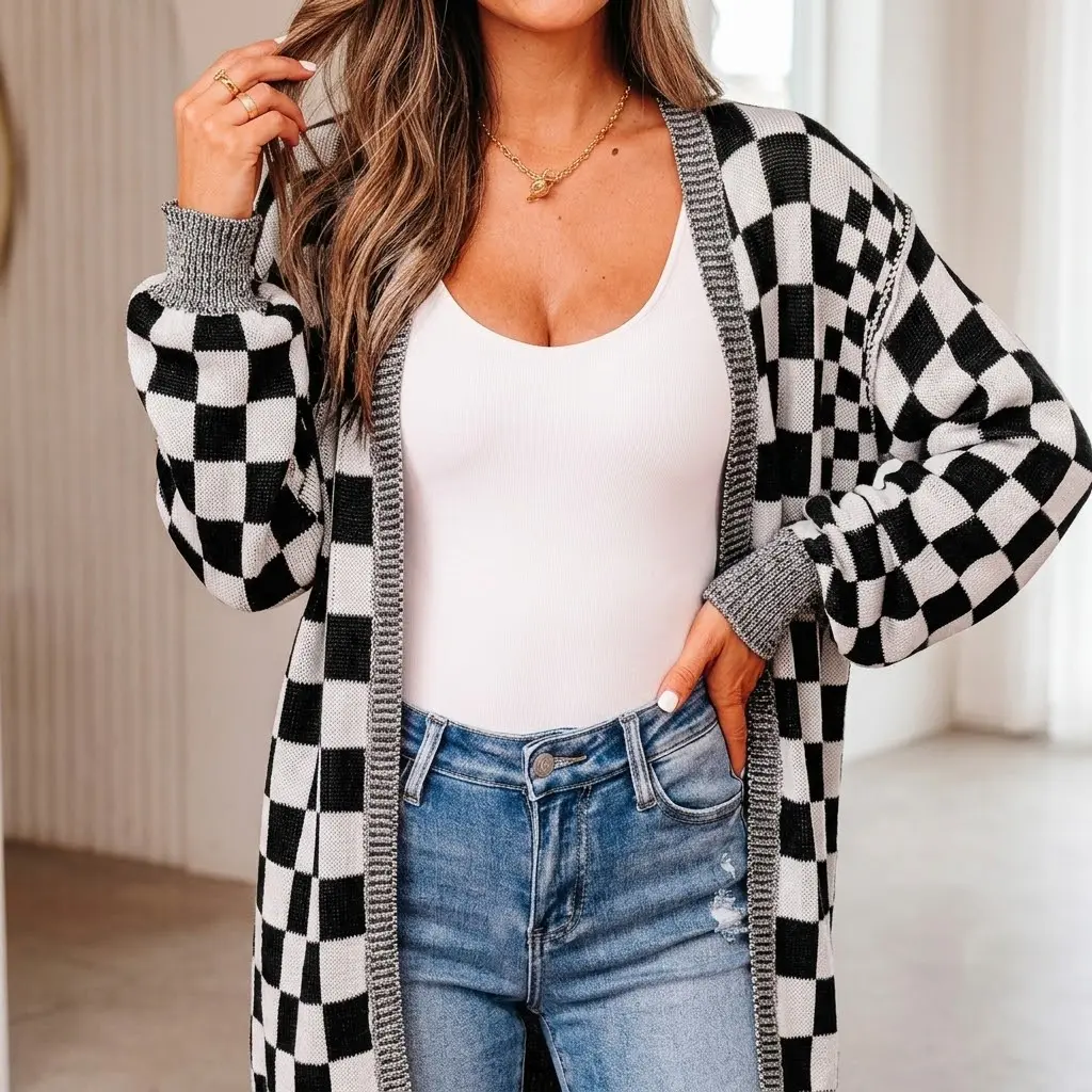 PHEFEE Women's Checkered Cardigan Sweaters Open Front Long Knit Coat Casual Color Block Plaid Oversized Duster Outerwear for Fall Winter